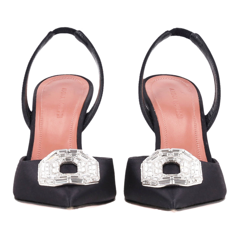 Amina Muaddi Camelia Crystal-Embellished Satin Slingback Heels.Size 35.5