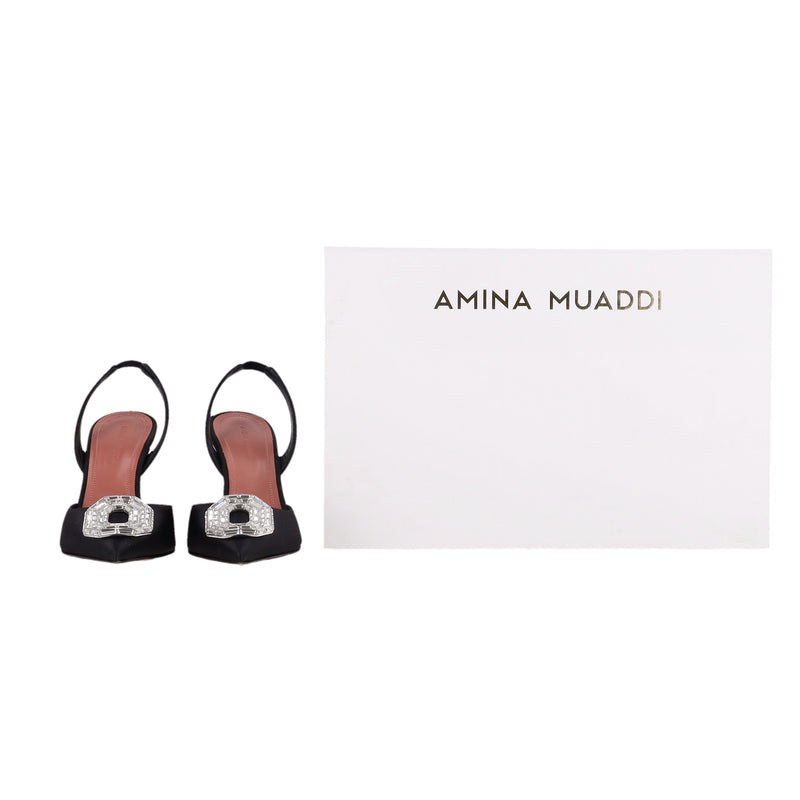Amina Muaddi Camelia Crystal-Embellished Satin Slingback Heels.Size 35.5
