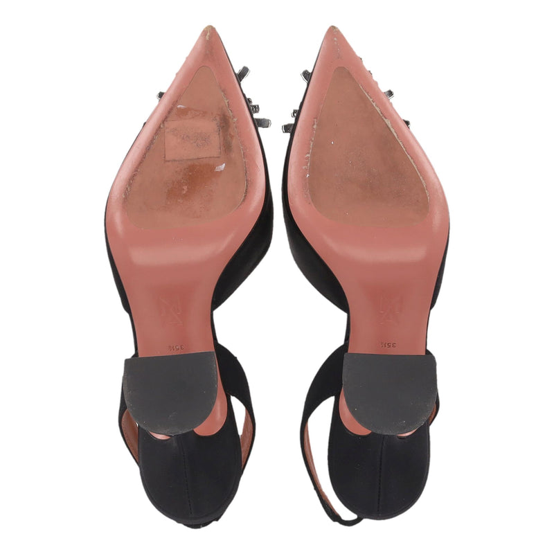 Amina Muaddi Jewelled Brooch Satin Slingback Heels. Size 35.5
