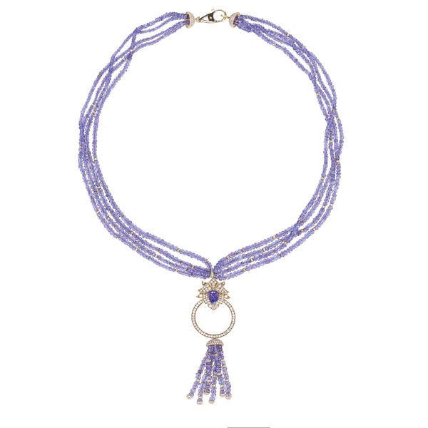 Asprey's London Lotus Collection Tanzanite & Diamond Lotus Necklace In 18k Yellow Gold