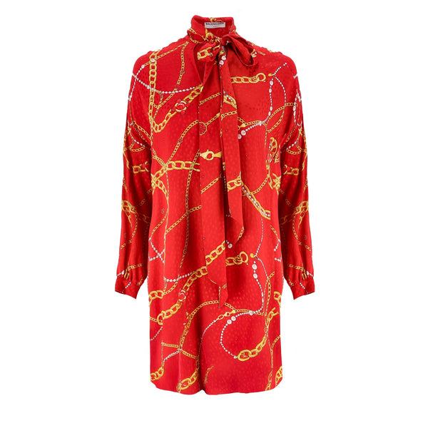 open lace back dress Balenciaga Chain-Print Silk Tie-Neck Dress. Size 36FR – Shush London