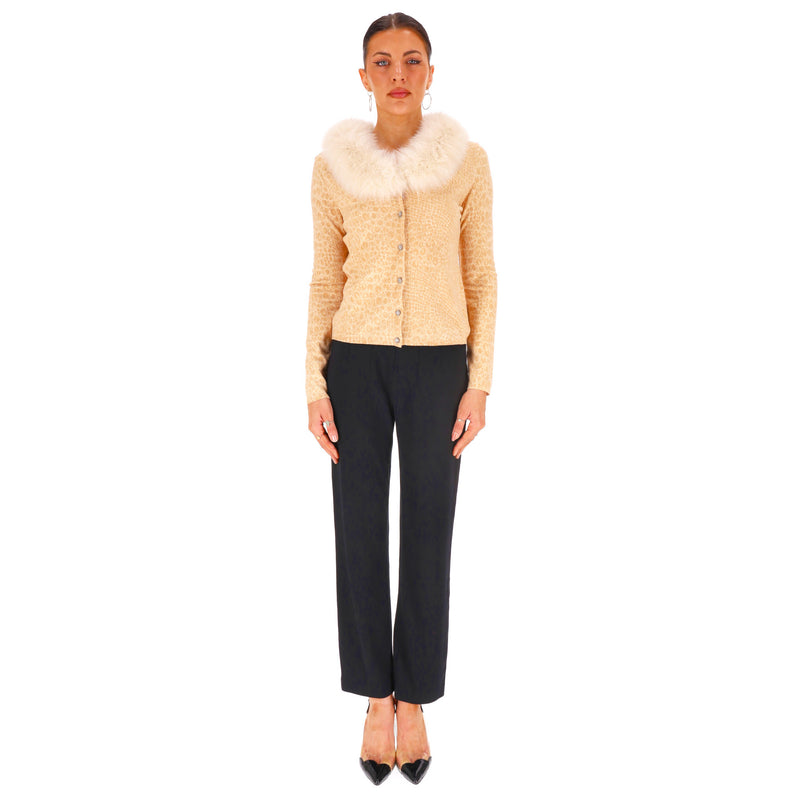 Blumarine Animal Print Fur Trimmed Cardigan. Size 44IT