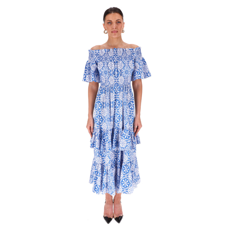 Borgo De Nor Off-Shoulder Tiered Cotton Dress. Size 8UK