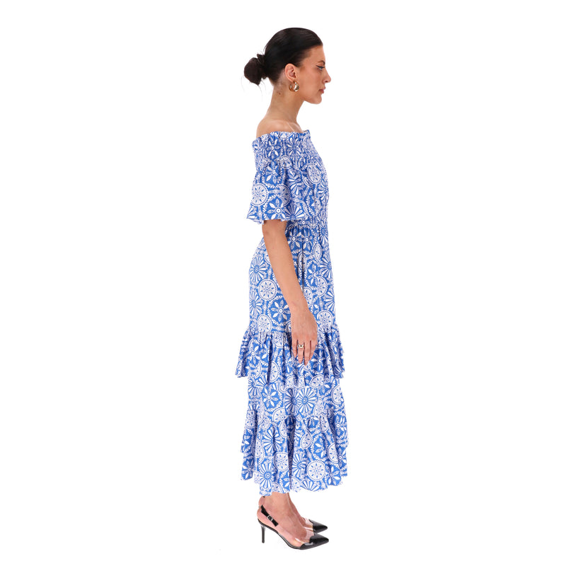 Borgo De Nor Off-Shoulder Tiered Cotton Dress. Size 8UK