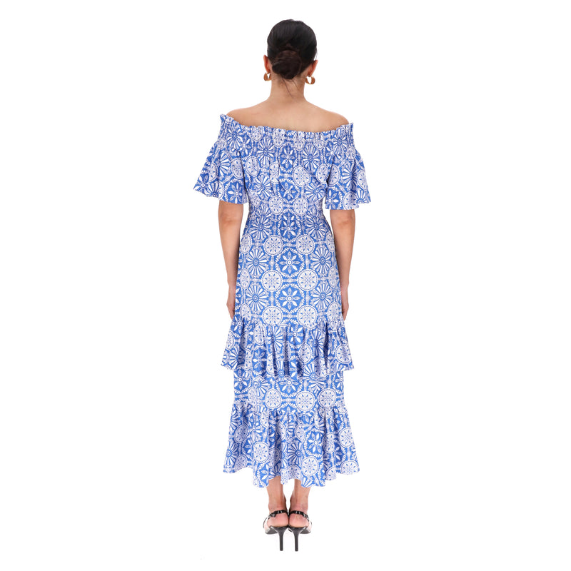 Borgo De Nor Off-Shoulder Tiered Cotton Dress. Size 8UK
