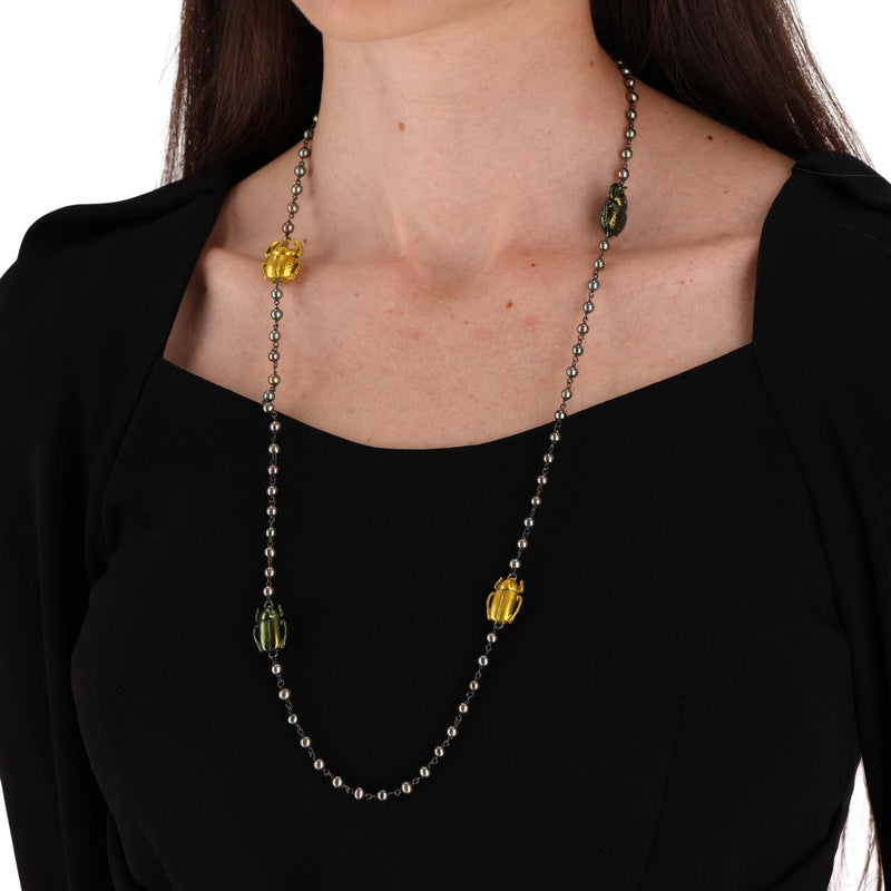 Bottega Veneta Scarab Necklace With Fresh Water Pearls, Oxidized Sterling Silver & Gold Plated