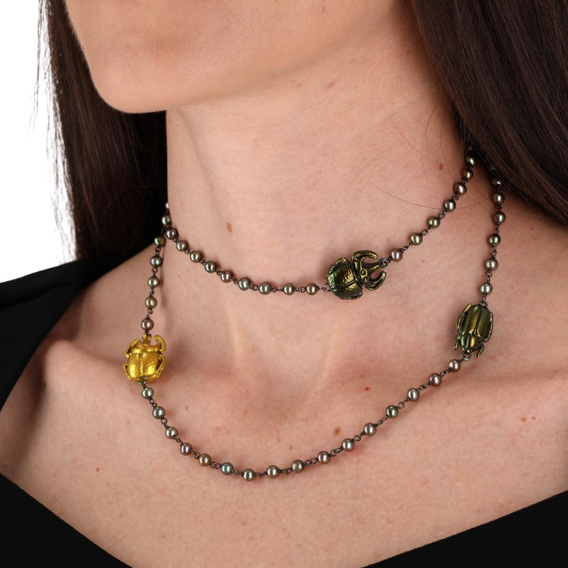 Bottega Veneta Scarab Necklace With Fresh Water Pearls, Oxidized Sterling Silver & Gold Plated