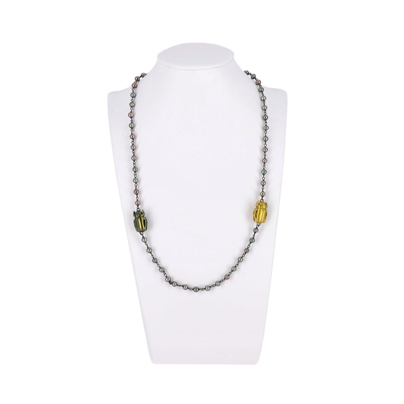 Bottega Veneta Scarab Necklace With Fresh Water Pearls, Oxidized Sterling Silver & Gold Plated