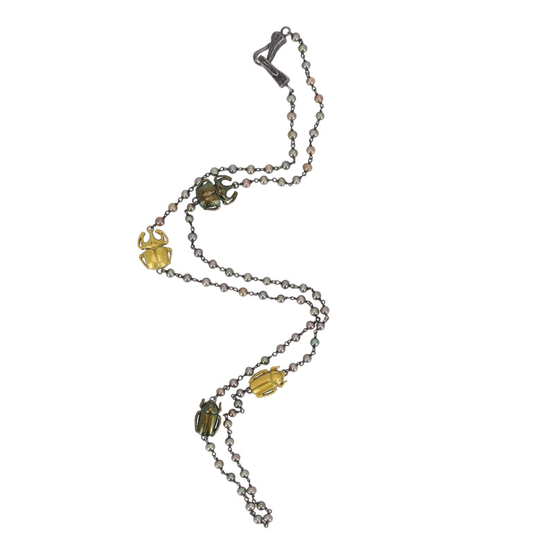 Bottega Veneta Scarab Necklace With Fresh Water Pearls, Oxidized Sterling Silver & Gold Plated