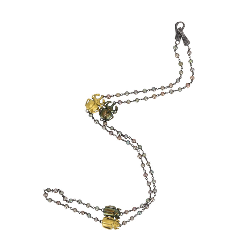 Bottega Veneta Scarab Necklace With Fresh Water Pearls, Oxidized Sterling Silver & Gold Plated