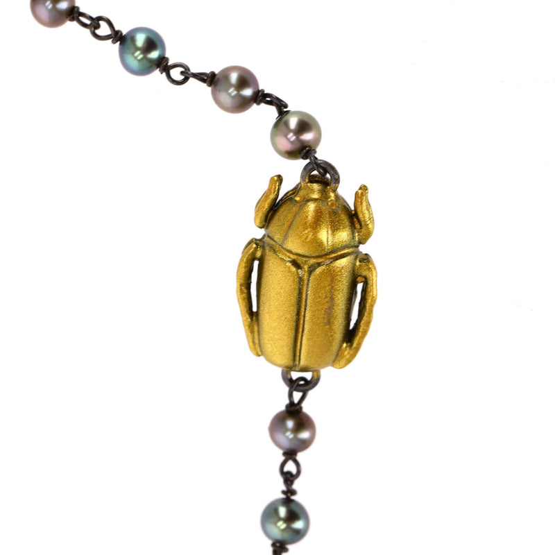 Bottega Veneta Scarab Necklace With Fresh Water Pearls, Oxidized Sterling Silver & Gold Plated