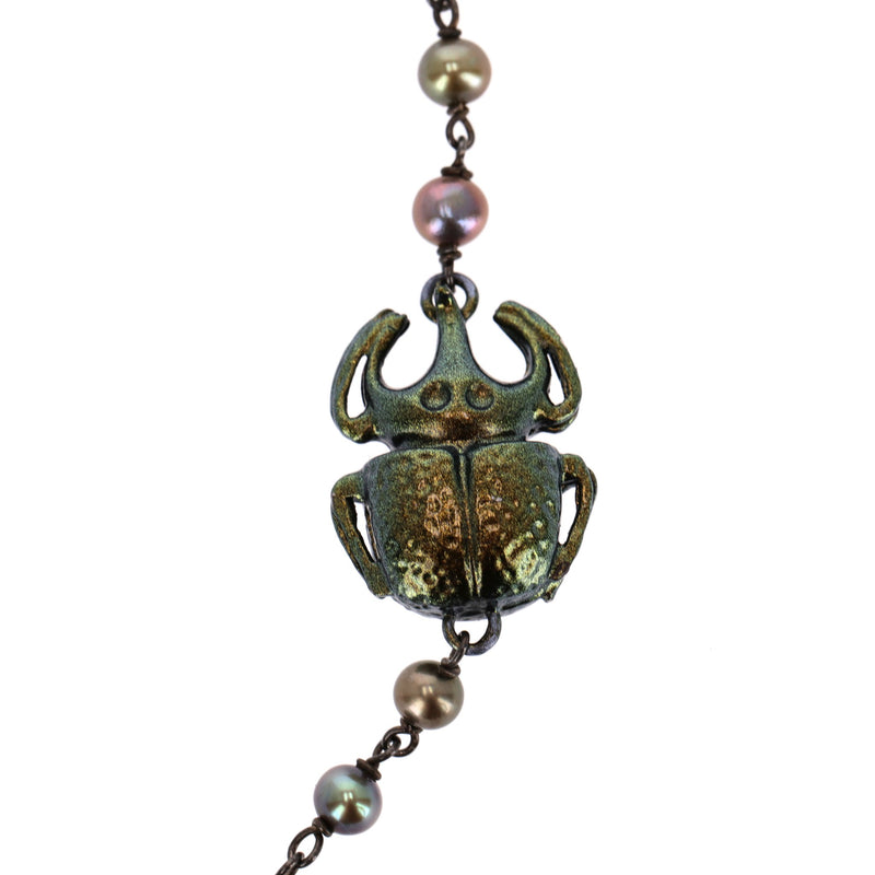 Bottega Veneta Scarab Necklace With Fresh Water Pearls, Oxidized Sterling Silver & Gold Plated