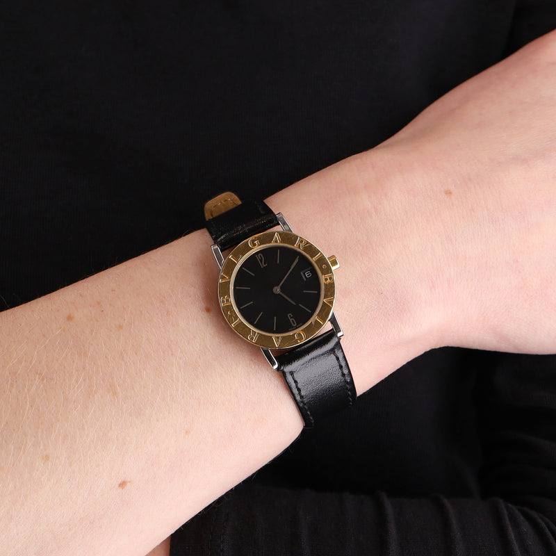 Bvlgari 18k Gold & Stainless Steel Watch With Leather Strap