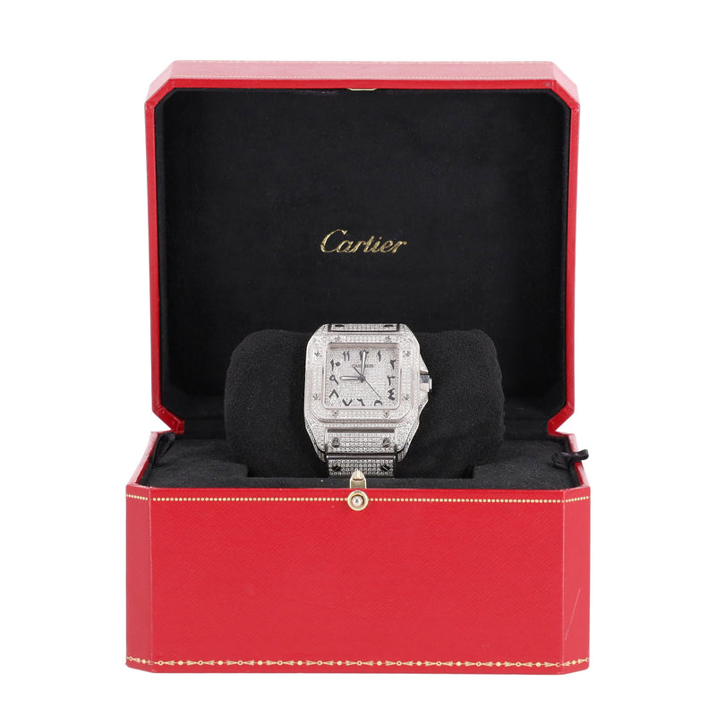 Cartier Santos XL Fully Pave Diamond & Stainless Steel Watch With Arabic Numerals