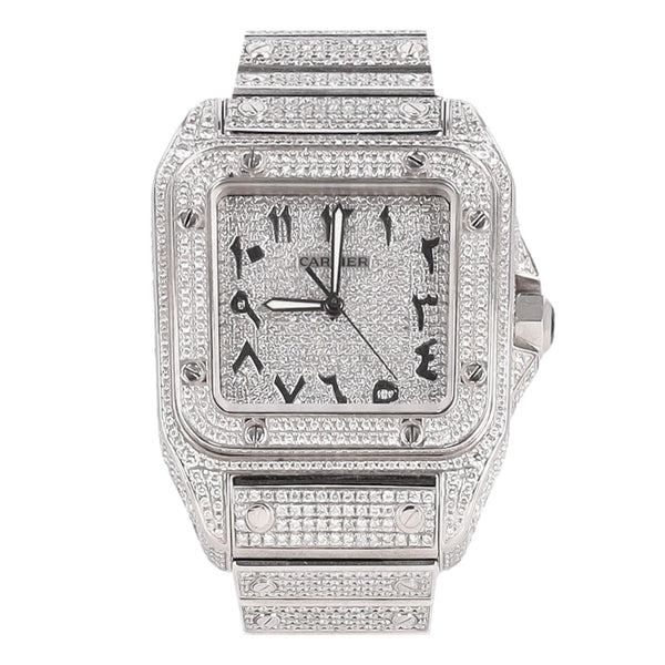 Cartier Santos XL Fully Pave Diamond & Stainless Steel Watch With Arabic Numerals