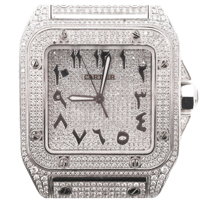 Cartier Santos XL Fully Pave Diamond & Stainless Steel Watch With Arabic Numerals