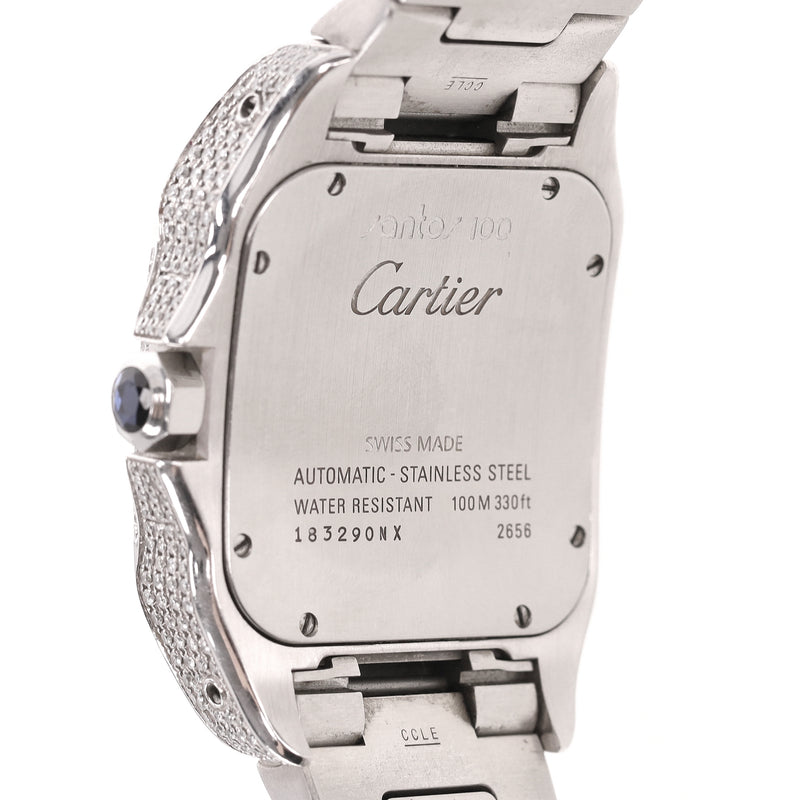 Cartier Santos XL Fully Pave Diamond & Stainless Steel Watch With Arabic Numerals