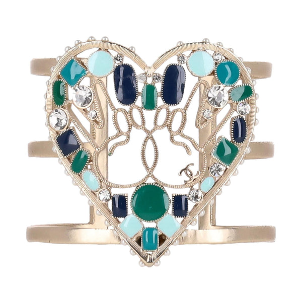 Chanel Heart-Shaped Enamel, Pearl & Swarovski Crystal Peace Cuff Bracelet