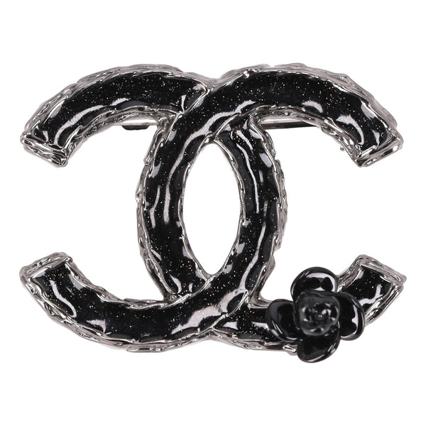 Chanel 'CC' Logo Enamel Brooch With Camellia Flower Detail