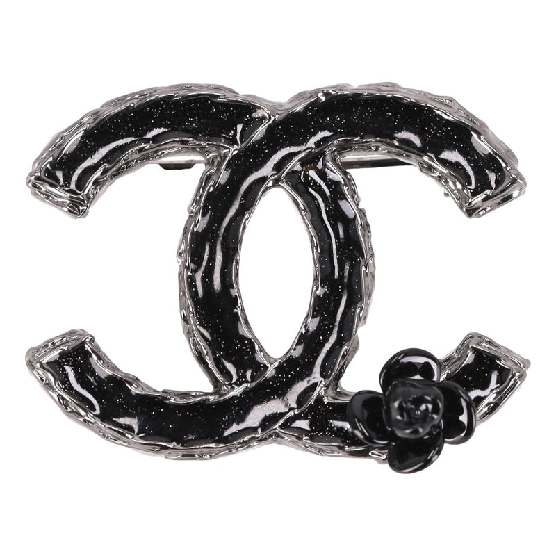 Chanel 'CC' Logo Enamel Brooch With Camellia Flower Detail