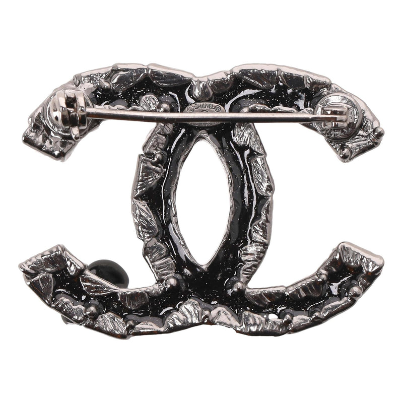 Chanel 'CC' Logo Enamel Brooch With Camellia Flower Detail