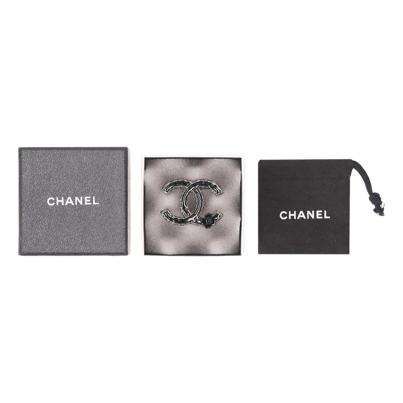 Chanel 'CC' Logo Enamel Brooch With Camellia Flower Detail