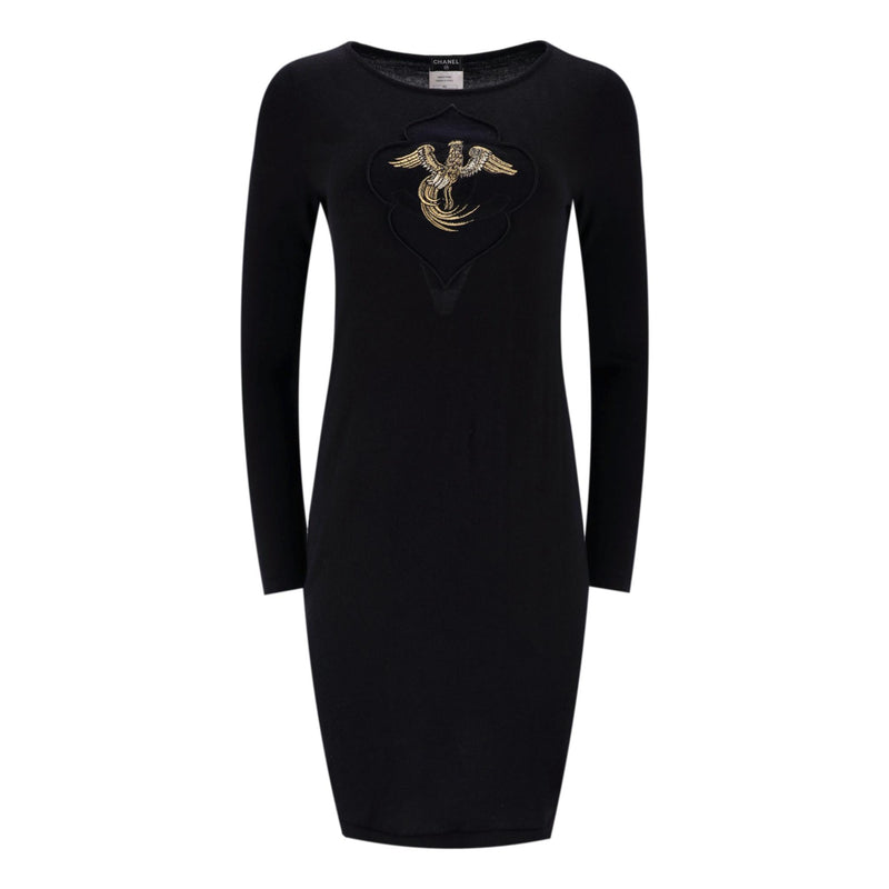 Chanel Cashmere Dress with 'CC' Logo & Phoenix Embroidery. Size 36FR