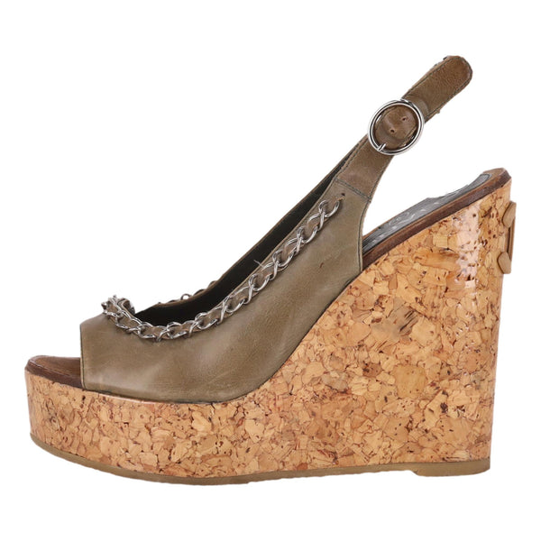 Chanel 'CC' Logo & Chain Detail Leather Cork Wedge Sandals. Size 36