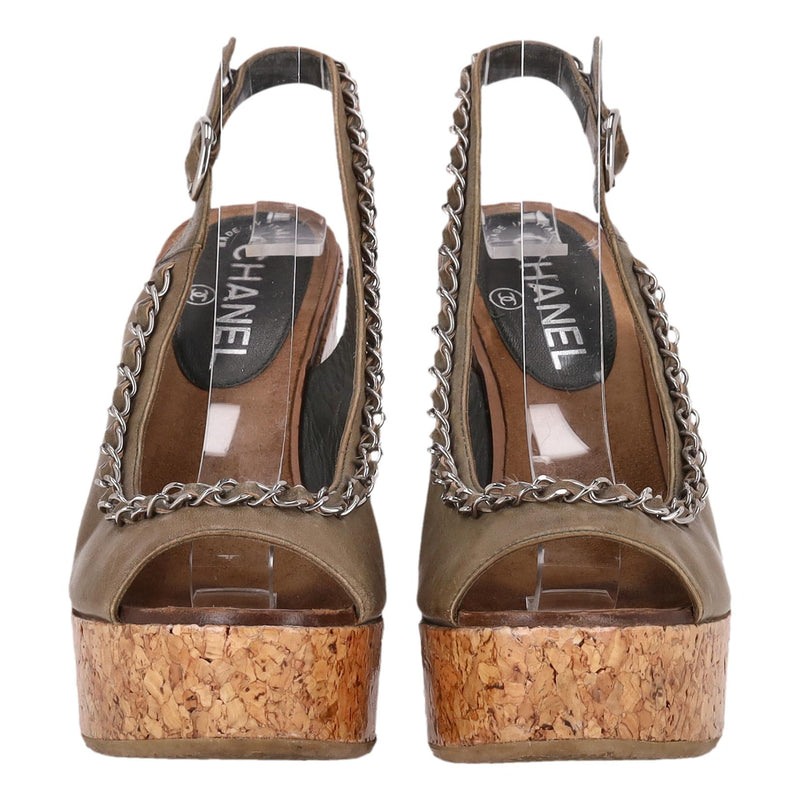 Chanel 'CC' Logo & Chain Detail Leather Cork Wedge Sandals. Size 36