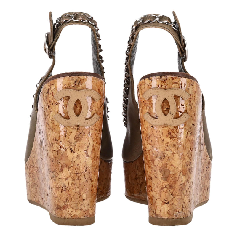 Chanel 'CC' Logo & Chain Detail Leather Cork Wedge Sandals. Size 36