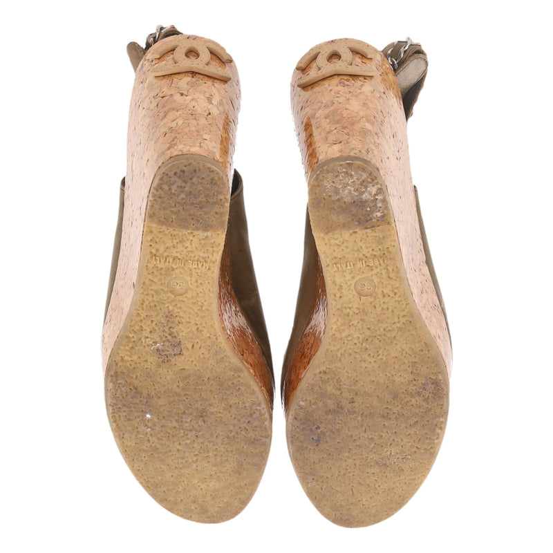 Chanel 'CC' Logo & Chain Detail Leather Cork Wedge Sandals. Size 36
