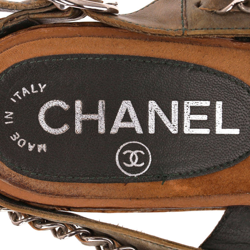 Chanel 'CC' Logo & Chain Detail Leather Cork Wedge Sandals. Size 36