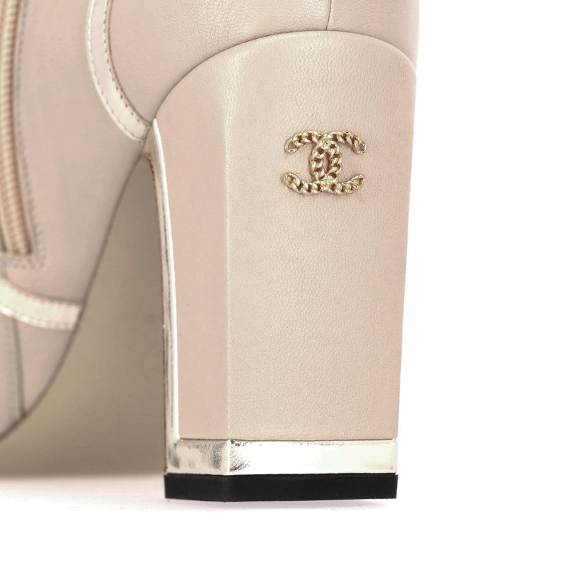 Chanel Lambskin Leather Ankle Boots With Grosgrain Trim & 'CC' Logo Heels. Size 40