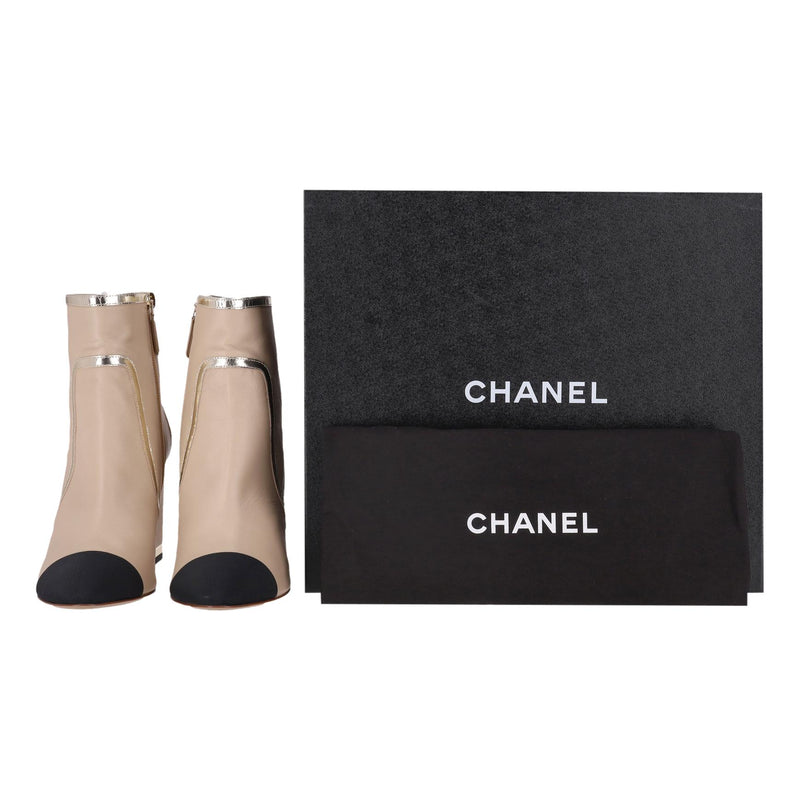 Chanel Lambskin Leather Ankle Boots With Grosgrain Trim & 'CC' Logo Heels. Size 40