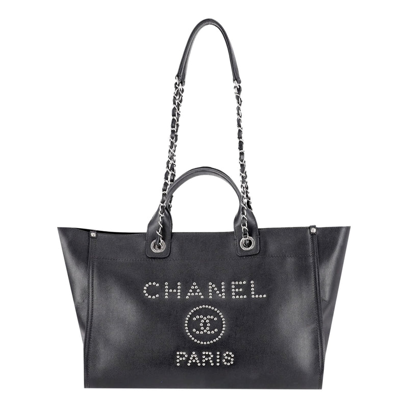 Chanel Deauville Studded Caviar Leather Logo Large Tote Bag