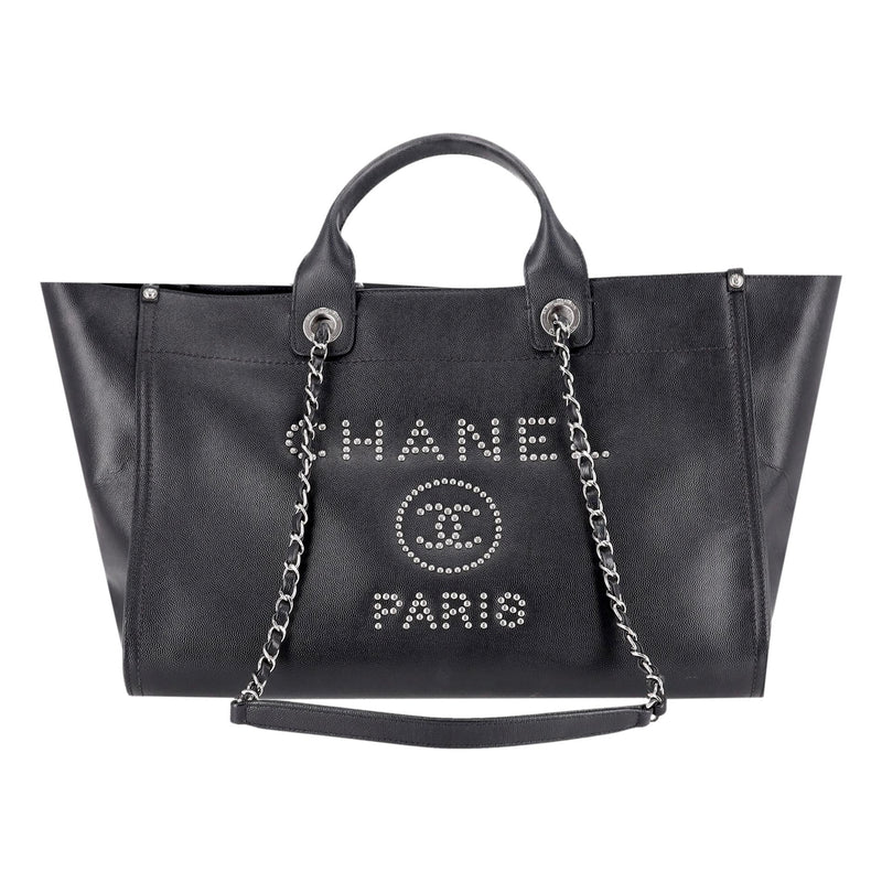 Chanel Deauville Studded Caviar Leather Logo Large Tote Bag