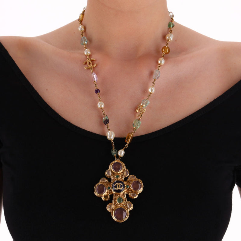 Chanel 24k Gold Plated Maltese Cross Necklace With 'CC' Logo, Gripoix Cabochon & Pearls
