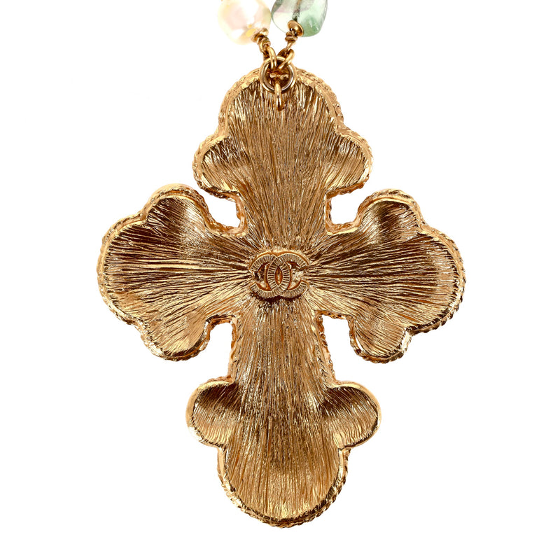 Chanel 24k Gold Plated Maltese Cross Necklace With 'CC' Logo, Gripoix Cabochon & Pearls