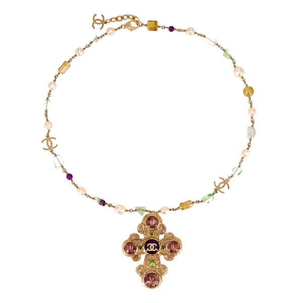 Chanel 24k Gold Plated Maltese Cross Necklace With 'CC' Logo, Gripoix Cabochon & Pearls