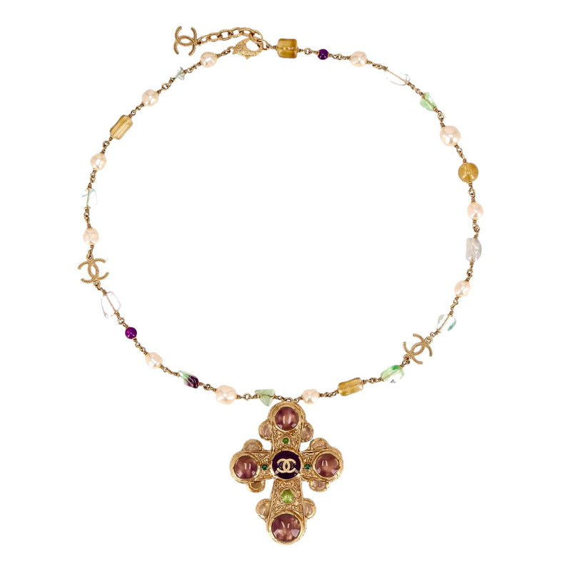 Chanel 24k Gold Plated Maltese Cross Necklace With 'CC' Logo, Gripoix Cabochon & Pearls