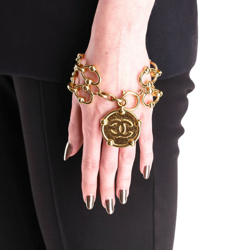 Chanel 24k Gold Plated Fancy Link Bracelet With 'CC' Medallion Charm