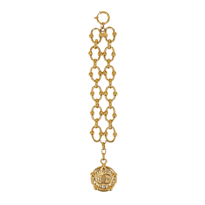 Chanel 24k Gold Plated Fancy Link Bracelet With 'CC' Medallion Charm