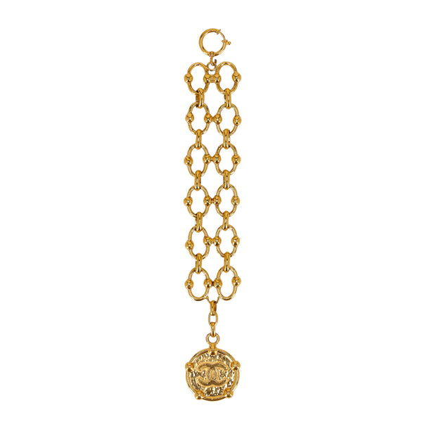 Chanel 24k Gold Plated Fancy Link Bracelet With 'CC' Medallion Charm