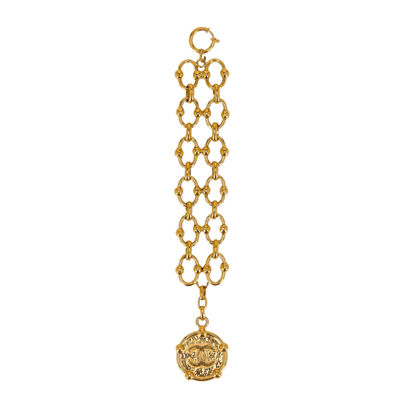 Chanel 24k Gold Plated Fancy Link Bracelet With 'CC' Medallion Charm