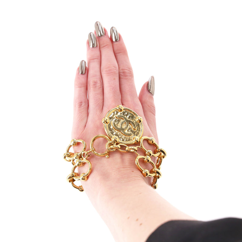 Chanel 24k Gold Plated Fancy Link Bracelet With 'CC' Medallion Charm