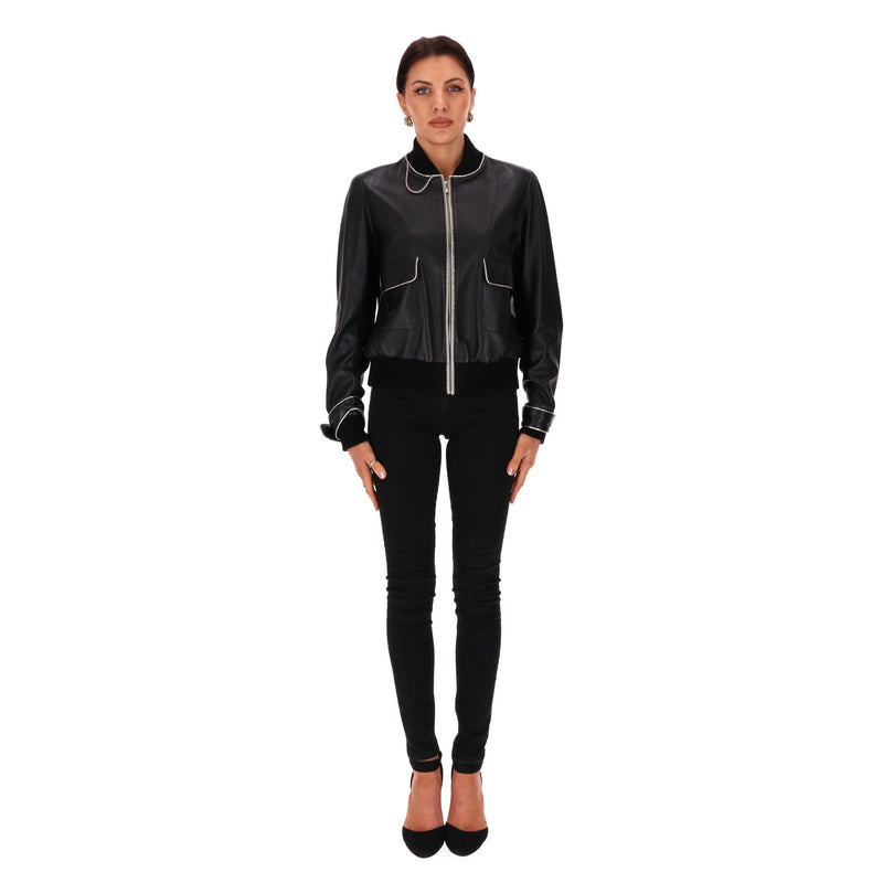 Chanel Leather Bomber Jacket With Pearl Buttons. Size 42IT