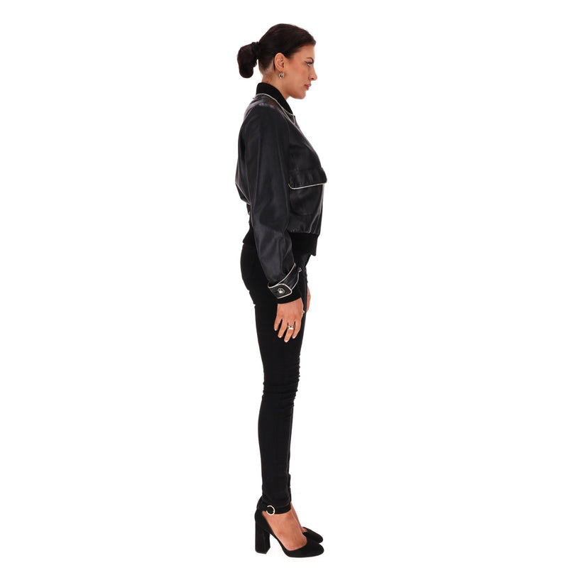Chanel Leather Bomber Jacket With Pearl Buttons. Size 42IT