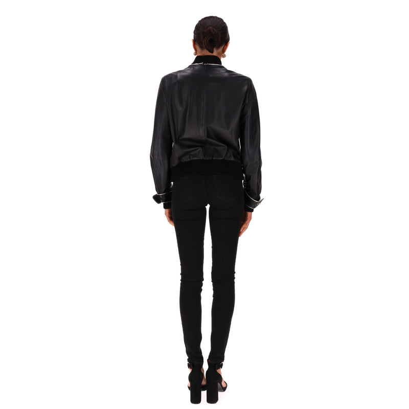 Chanel Leather Bomber Jacket With Pearl Buttons. Size 42IT