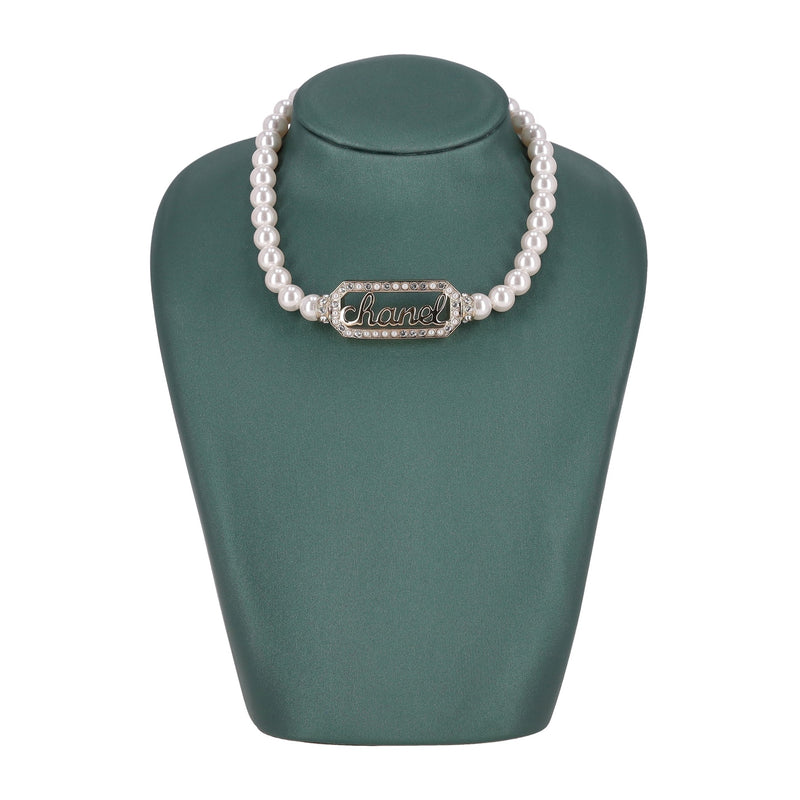 Chanel Pearl Choker Necklace With Crystal Embellished 'Chanel' Signature