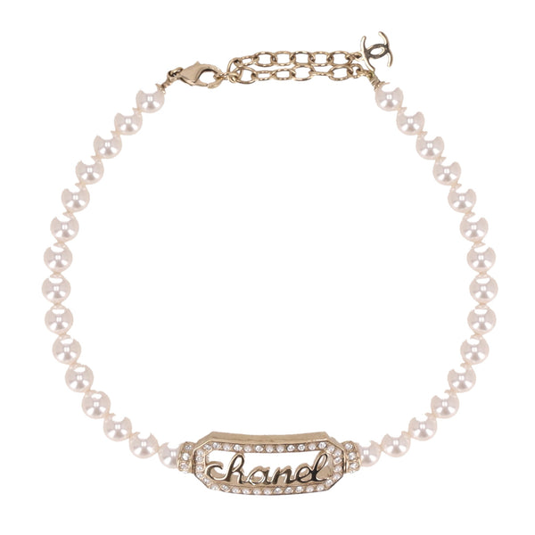 Chanel Pearl Choker Necklace With Crystal Embellished 'Chanel' Signature